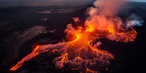 Explosión salvaje de magma ardiendo, erupción lava, naturaleza salvaje 