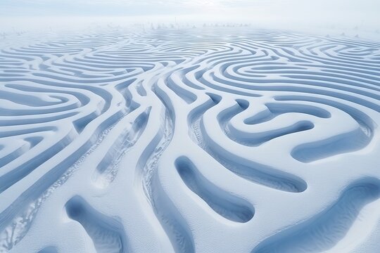 Drone view de surcos en la nieve zigzagueantes, laberinto de nieve, paisaje de la naturaleza salvaje