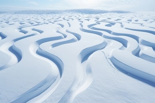 Drone view de surcos en la nieve zigzagueantes, laberinto de nieve, paisaje de la naturaleza salvaje