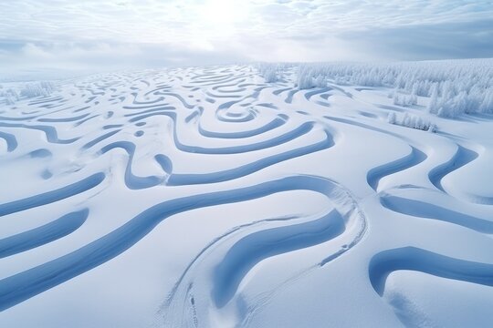Drone view de surcos en la nieve zigzagueantes, laberinto de nieve, paisaje de la naturaleza salvaje