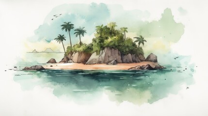 Travel illustration. Seychelles. Art, minimalism, romanticism, watercolors, pastels. Generative AI.  