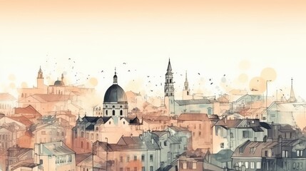Travel illustration. Panorama of the town. Art, minimalism, romanticism, watercolors, pastels. Generative AI.   - obrazy, fototapety, plakaty