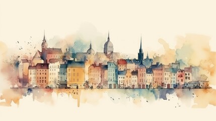 Travel illustration. Panorama of the town. Art, minimalism, romanticism, watercolors, pastels. Generative AI.  