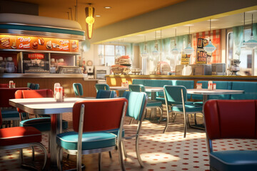 Fototapeta na wymiar Classic diner cafe interior, 1950s style classic