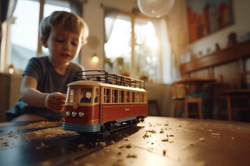 Little boy play with tramway on floor at home - obrazy, fototapety, plakaty