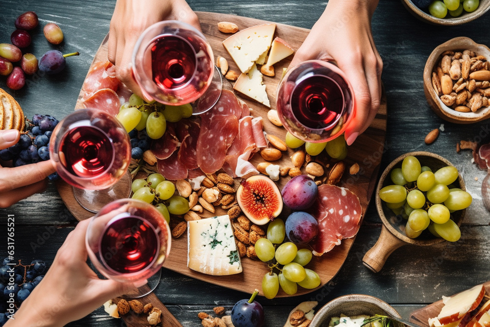 Wall mural Above view on table with food and people with glasses of wine