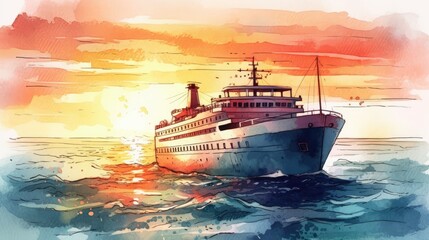 Travel illustration. Cruise ship in the sea . Art, minimalism, romanticism, watercolors, pastels. Generative AI. - obrazy, fototapety, plakaty