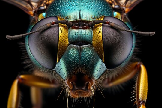 close-up abeja con grandes ojos y antenas, fotograf&iacute;a microsc&oacute;pica insecto en primer plano, bicho en la naturaleza aislado fondo neutro