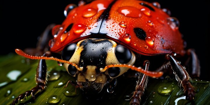 Close-up ladybug en un hoja verde con gotas de agua, preciosa imagen ojos y cara de una mariquita despertando con gotas de roc&iacute;o 