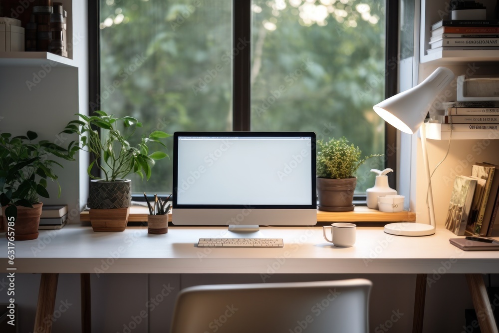 Poster Workspace with computer and supply on table, Empty screen computer with Generate Ai.