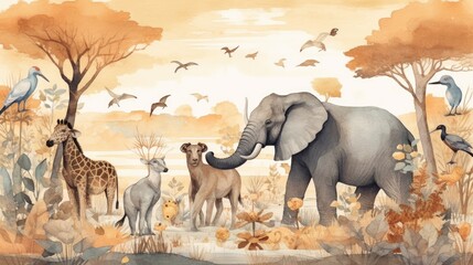 Fototapeta premium Travel illustration. Safari. Art, minimalism, romanticism, watercolors, pastels. Generative AI.