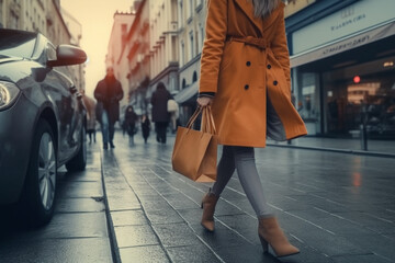 Stylish woman in brown clothes with shopping bags walking wet city street