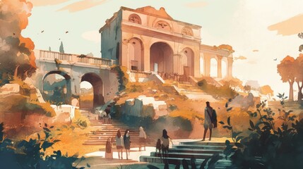 Travel illustration. Tourists in ancient roman ruins. Art, minimalism, romanticism, watercolors, pastels. Generative AI. - obrazy, fototapety, plakaty