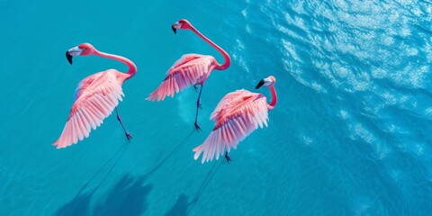 Grupo pequeño de flamencos en una laguna azul turquesa, preciosa imagen vida salvaje de la migración de las aves - obrazy, fototapety, plakaty