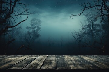 A rustic wooden table set against a backdrop of eerie woods, serving as a display area for products in a mysterious Halloween-themed setting. Generative AI