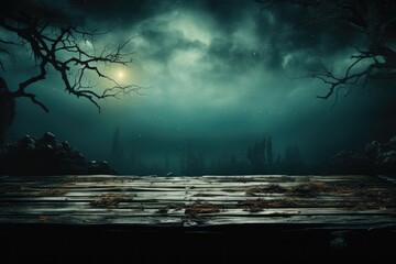 A rustic wooden table set against a backdrop of eerie woods, serving as a display area for products in a mysterious Halloween-themed setting. Generative AI