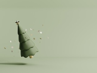 Fototapeta premium 3d render of Christmas tree background.Green pastel podium with frame and holiday symbol. Showcase, podium for advertising products in trendy cartoon style. Minimalistic new year and winter wallpaper.