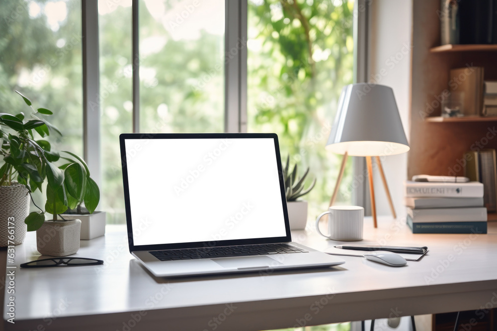 Poster workspace with laptop computer and supply on table, empty screen computer with generate ai.