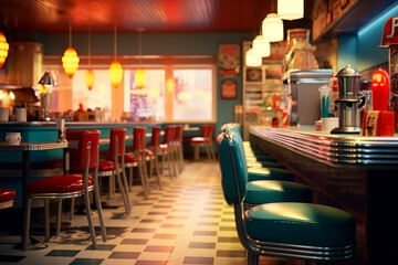 Classic diner cafe interior, 1950s style classic