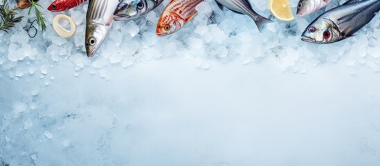 A selection of fresh fish and seafood on ice, seen from above, with empty space for text.