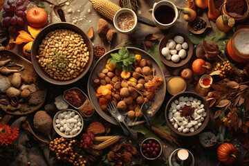 overhead view on vegetables and fruits on wooden table