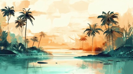 Travel illustration. Tropical island with palm trees. Art, minimalism, romanticism, watercolors, pastels. Generative AI.