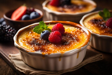 creme brulee in ramekins with blueberries, raspberries and mint leaves on top in the style of editorial gourmet food magazine photography