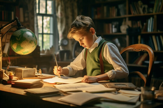 Little Kid Boy Writing And Reading Books At Table In Lamp Light