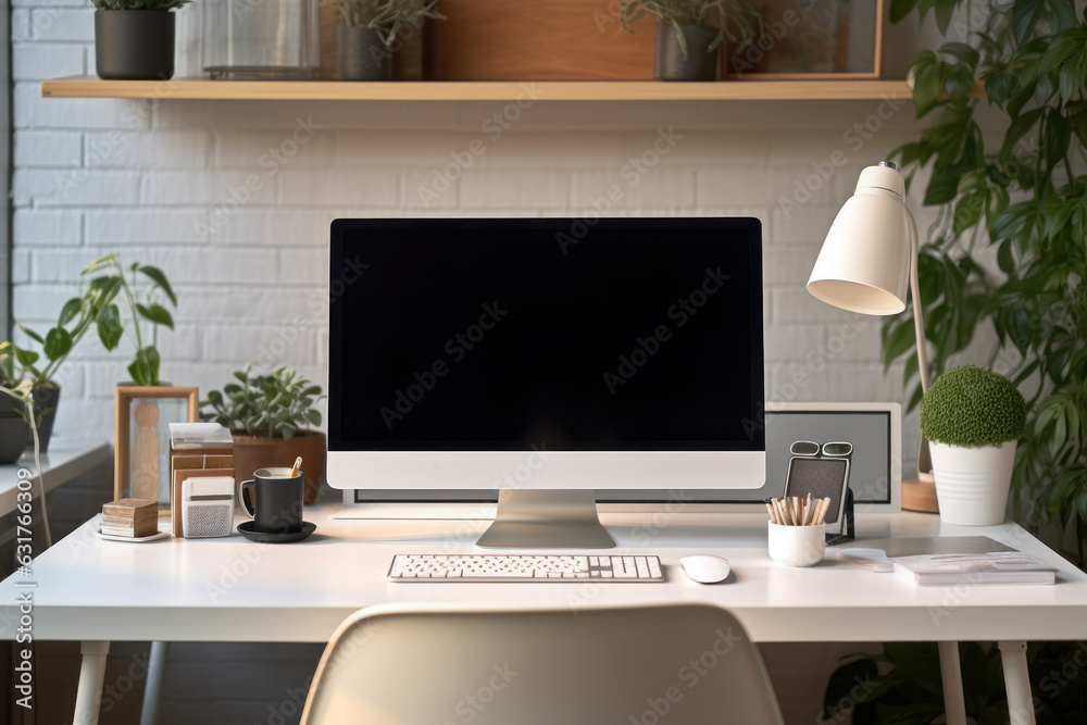 Poster Workspace with computer and supply on table, Empty screen computer with Generate Ai.