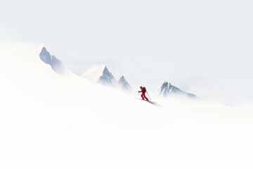 Ascenso a la montaña en mitad de la tormenta de nieve, deporte de riesgo en invierno, paisaje salvaje, naturaleza y aventura  - obrazy, fototapety, plakaty