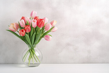 Exquisite Glass Vase with Bouquet of Beautiful Tulips on White Brick Wall Background - Created with Generative AI Tools