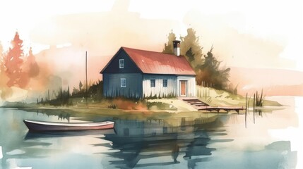 Obraz premium Travel illustration. House on the lake . Art, minimalism, romanticism, watercolors, pastels. Generative AI.