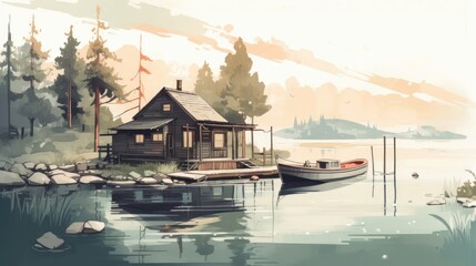 Travel illustration. House on the lake . Art, minimalism, romanticism, watercolors, pastels. Generative AI.