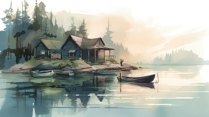 Travel illustration. House on the lake . Art, minimalism, romanticism, watercolors, pastels. Generative AI.