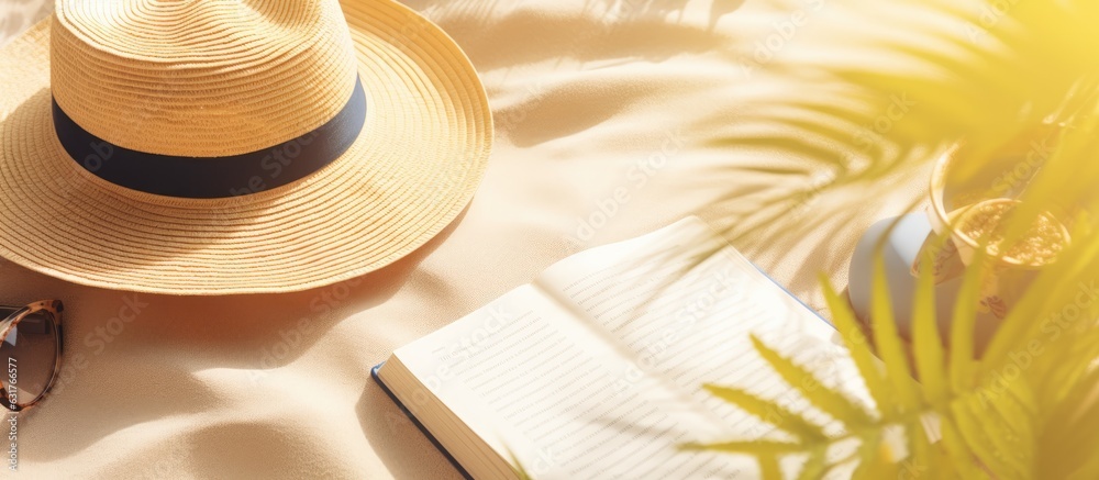 Poster a writing book with summer beach accessories is seen in the background, with copy space available. i