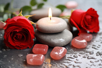 Fototapeta na wymiar Romantic Valentine's Day Spa with Stones, Roses, and Candles - Closeup - Created with Generative AI Tools
