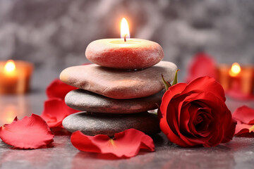 Romantic Valentine's Day Spa with Stones, Roses, and Candles - Closeup - Created with Generative AI Tools