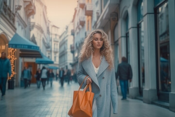 Obraz premium Stylish woman in brown clothes with shopping bags walking wet city street