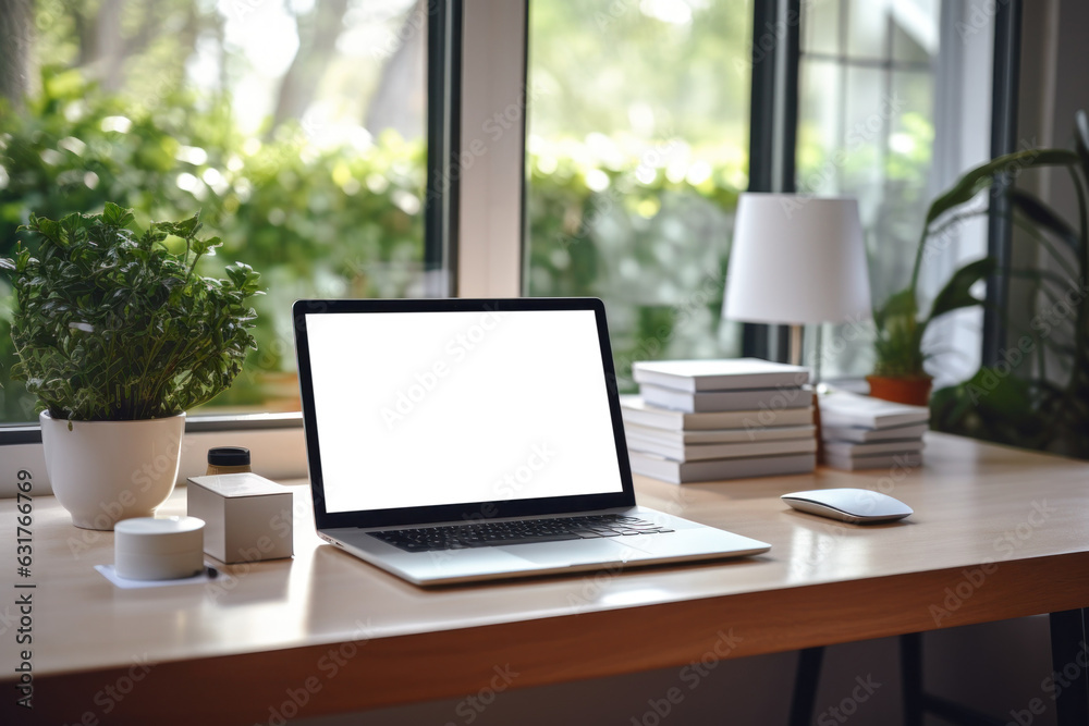 Fototapete Workspace with laptop computer and supply on table, Empty screen computer with Generate Ai.