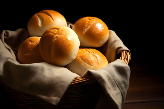 white bread rolls in basket with towel on black background