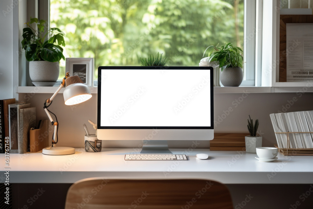 Poster Workspace with computer and supply on table, Empty screen computer with Generate Ai.