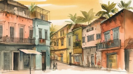 Fototapeta na wymiar Travel illustration. Brazil Art, minimalism, romanticism, watercolors, pastels. Generative AI. 