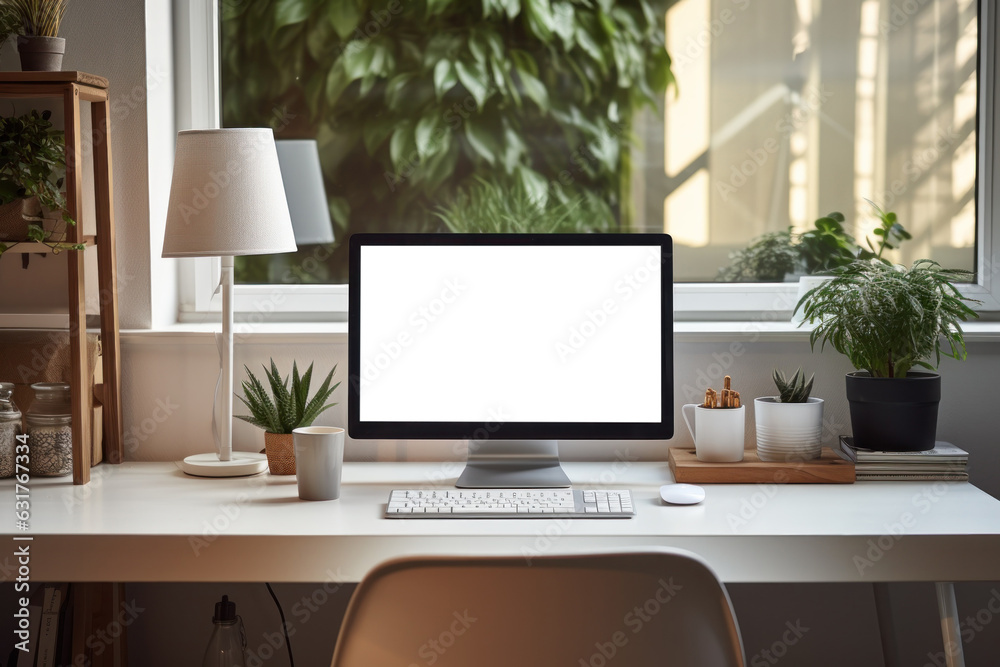 Poster Workspace with computer and supply on table, Empty screen computer with Generate Ai.