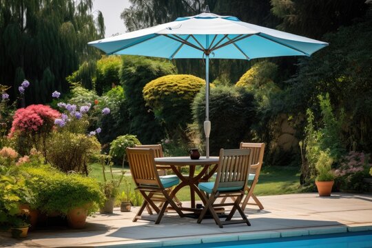 Cafe table with chair and parasol umbrella in the garden