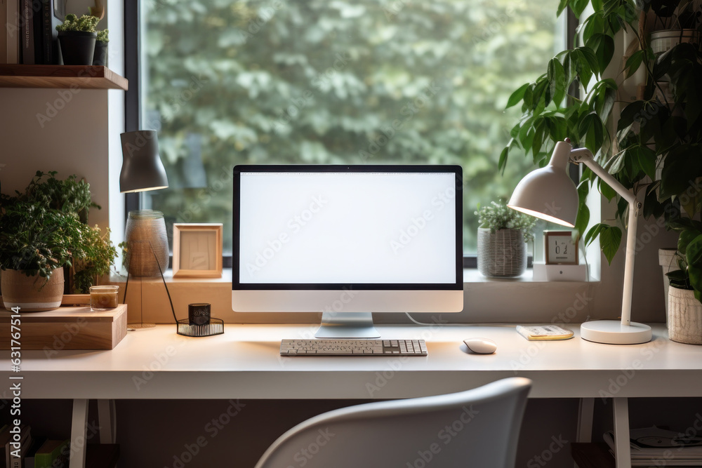 Poster Workspace with computer and supply on table, Empty screen computer with Generate Ai.