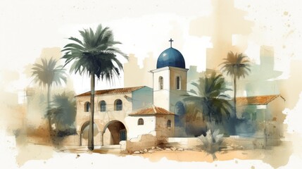 Fototapeta na wymiar Travel illustration. Cyprus. Art, minimalism, romanticism, watercolors, pastels. Generative AI. 