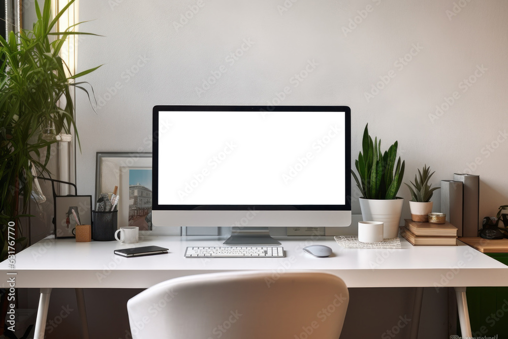 Poster Workspace with computer and supply on table, Empty screen computer with Generate Ai.