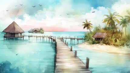 Fototapeta na wymiar Travel illustration. French Polynesia. Art, minimalism, romanticism, watercolors, pastels. Generative AI.