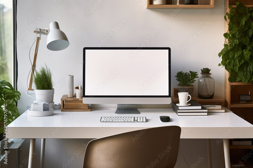 Poster Workspace with computer and supply on table, Empty screen computer with Generate Ai.
