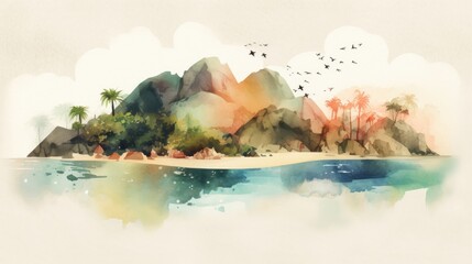 Travel illustration. Hawaiian islands. Art, minimalism, romanticism, watercolors, pastels. Generative AI.
